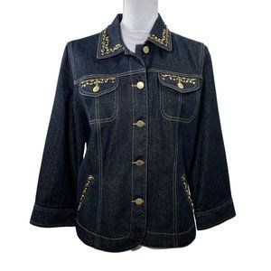 Ruby Rd Jacket Basic Sz 12 Women Blue Gold Metallic Denim Beaded Solid Button